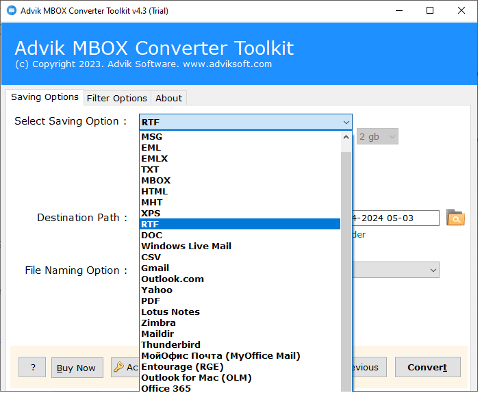 Export MBOX to RTF