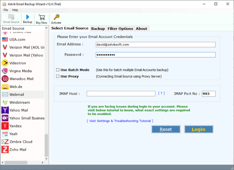 Select IMAP as an email source & login