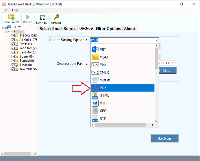 Choose any file format to save webmail to PDF