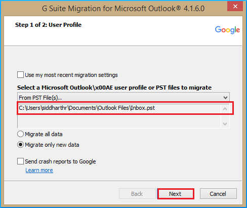 Browse the PST file for migration and select to migrate all data.