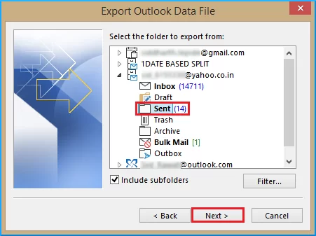 Choose the mail account to export.