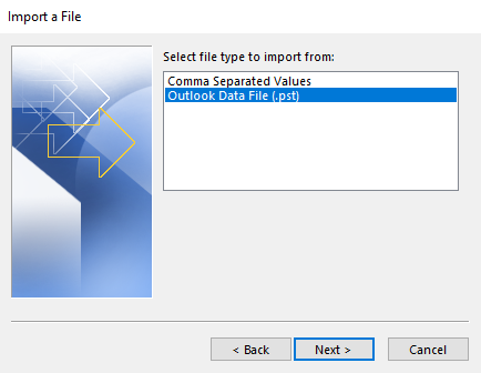 choose outlook data file to import