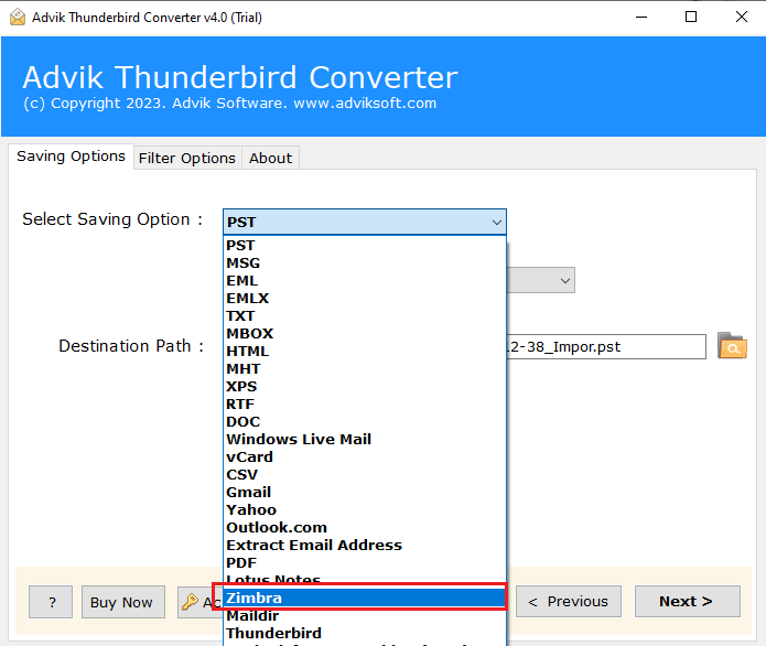 Choose the Zimbra (tgz) saving option