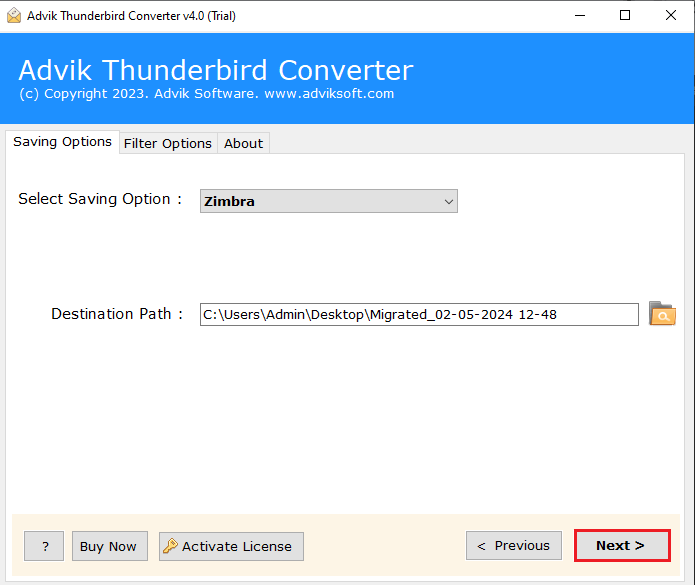 click Next to compress Thunderbird emails