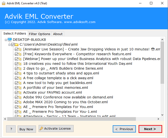 choose required eml files