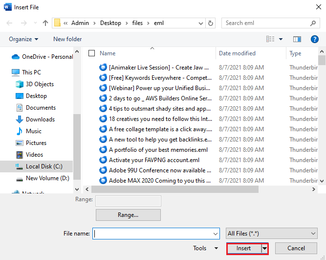 select eml file and insert into word