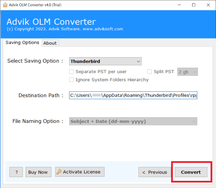 Click Convert to import olm-to-thunderbird