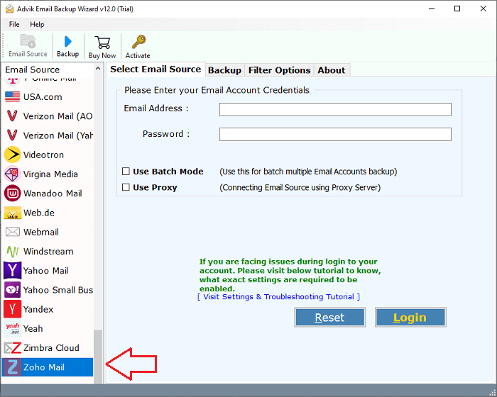 Run the tool and locate Zoho Mail option