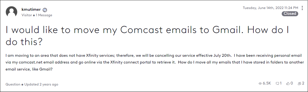 transfer Comcast email to Gmail query