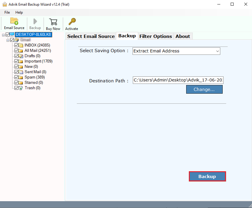 click backup to extract email addresses from website