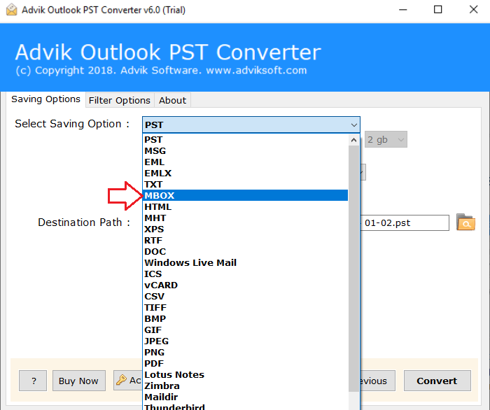 choose MBOX as the output format