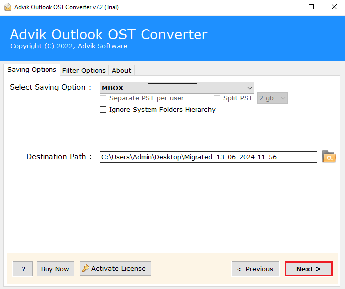 click convert to export ost to mbox