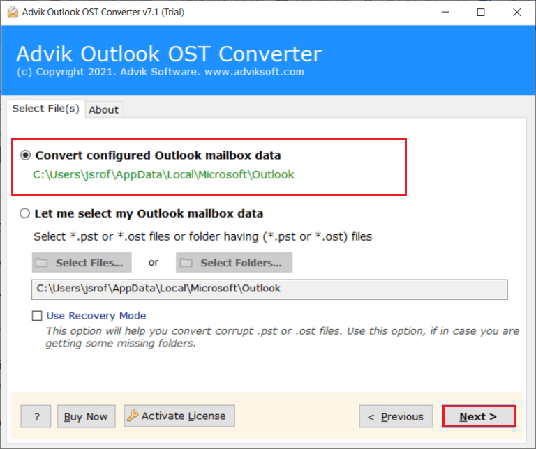 choose configured Outlook mailbox data