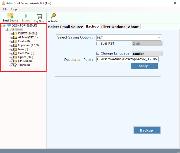 Choose email folders to transfer att emails