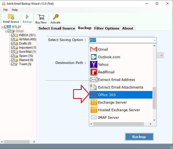 Select Office 365 to transfer att emails