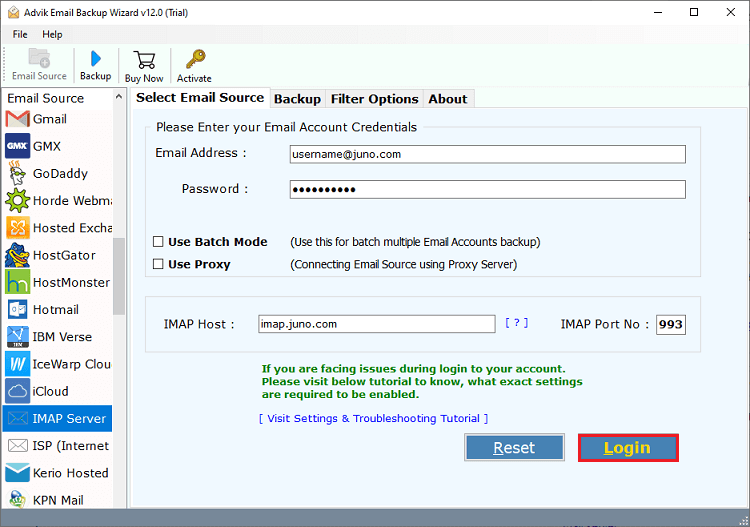 Select email source and login