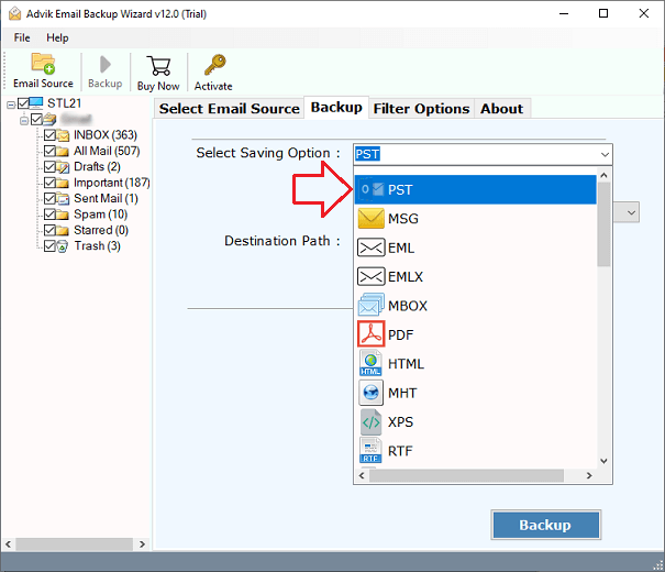 Select options to backup eM Client emails