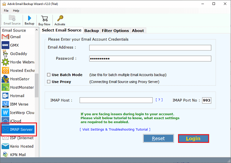 Enter Postbox email account details to backup