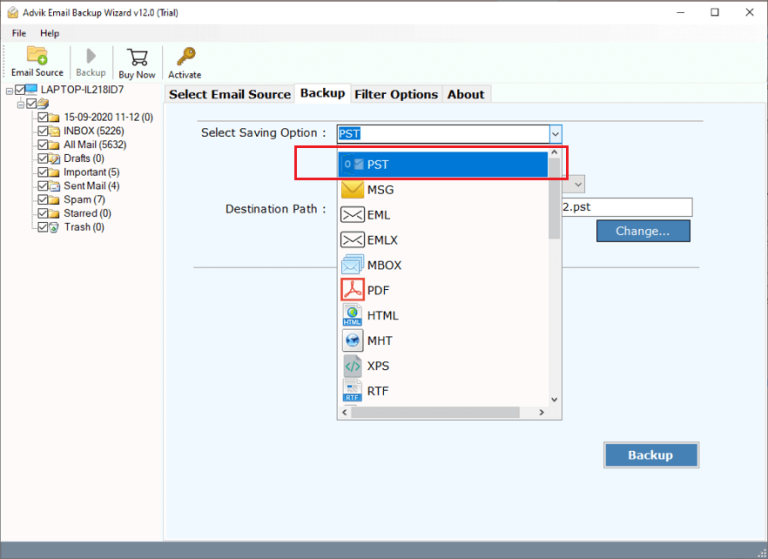 Choose PST as a file