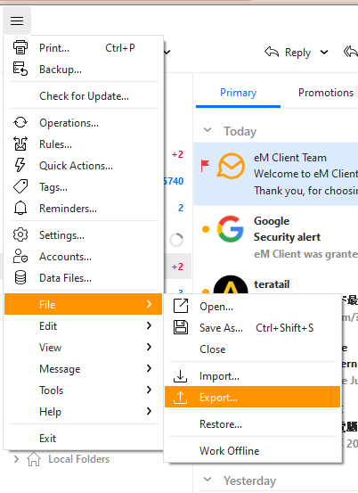 Export eM Client emails to system