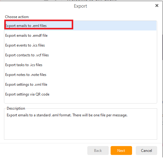 Transfer eM Client emails to office 3365