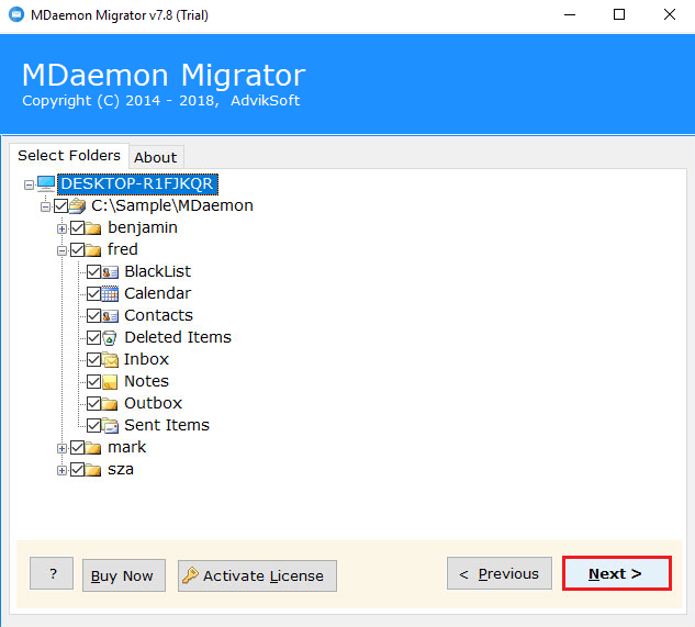 Select mdaemon emails to export into pst