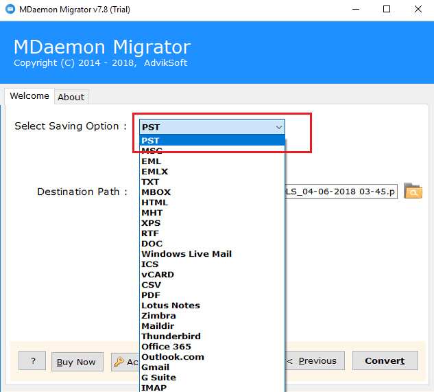 Choose PST to export mdaemon emails