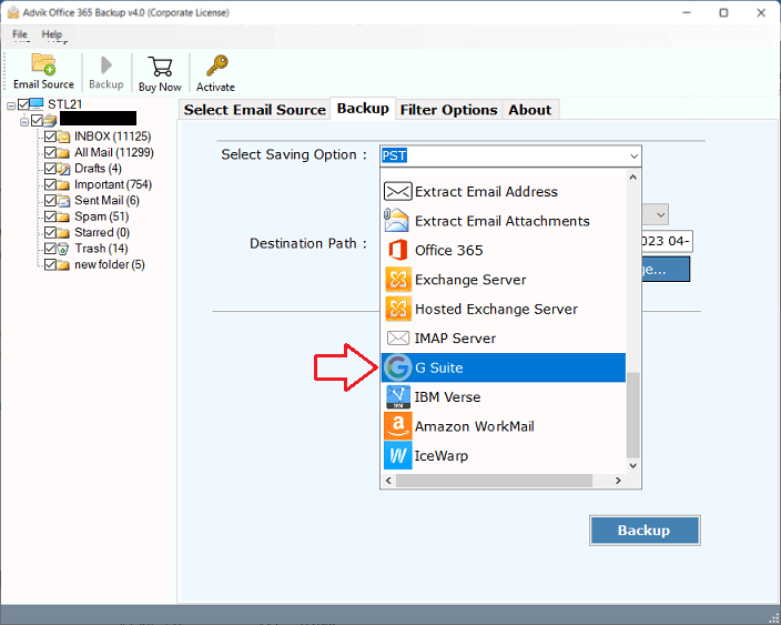 Select G Suite as a destination account.