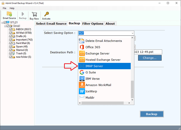 Choose IMAP as a saving option to transfer protonmail emails