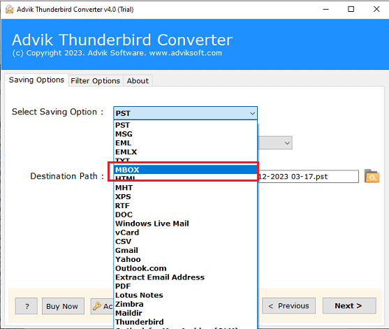 Choose MBOX as a file format