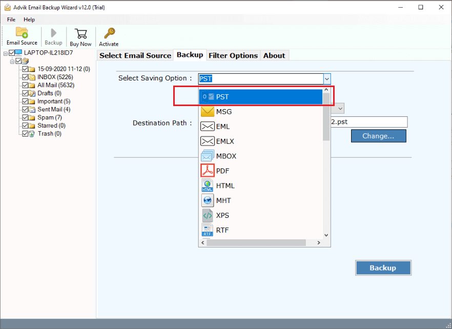 select pst file to export web.de emails