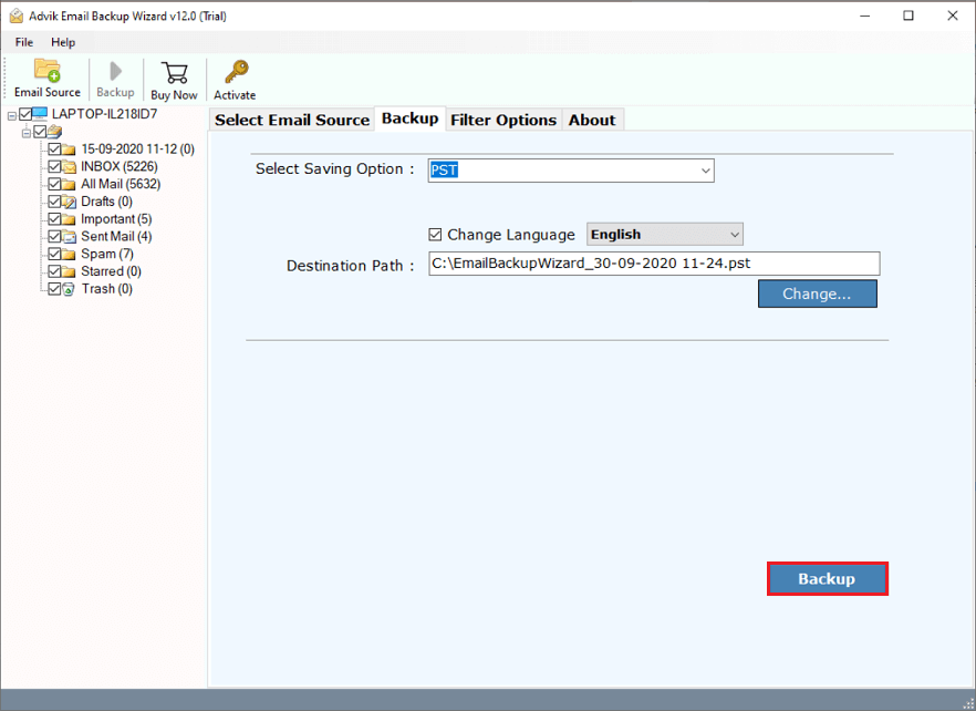 click backup to export web.de to pst