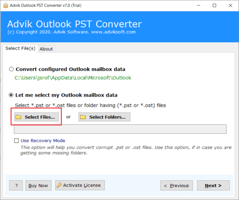 Run the tool and add Outlook data file