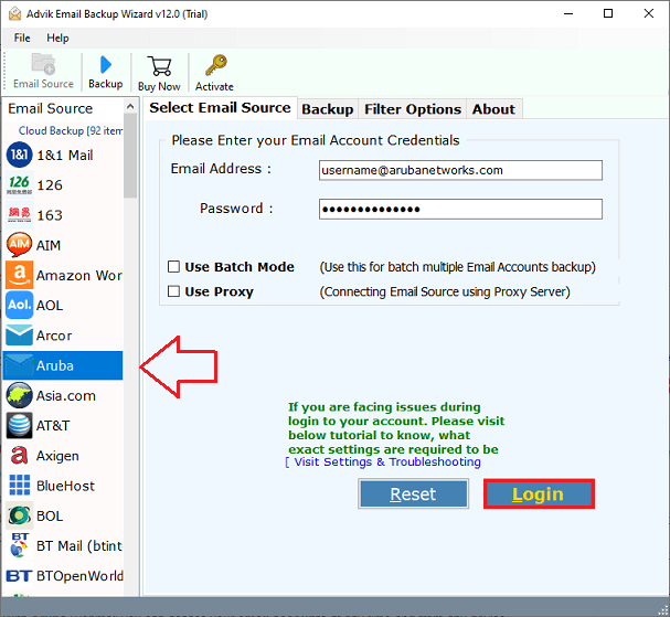 enter aruba account login details