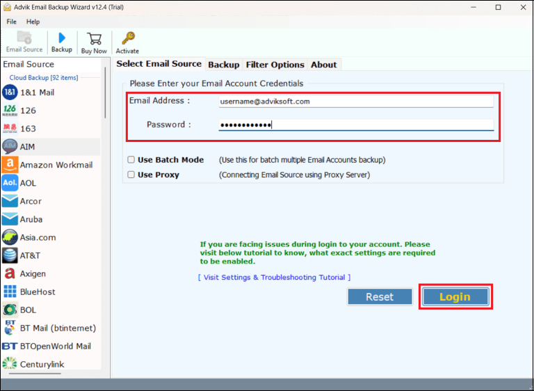 Enter AIM Mail account login details