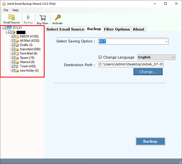 Select required mailbox folders