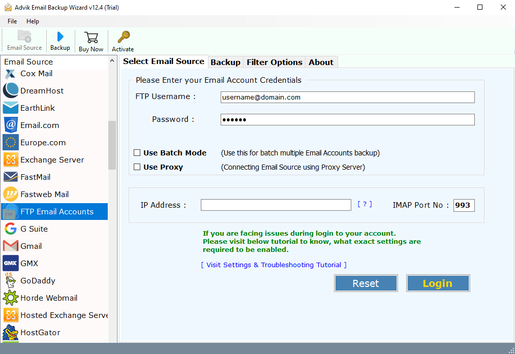 Enter FTP Server login details