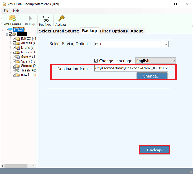 click backup to export bluemail emails