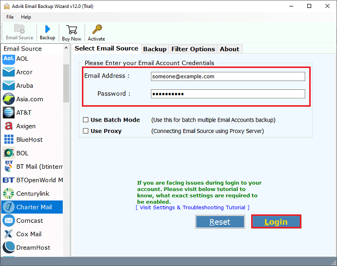 Enter Charter Mail account login details