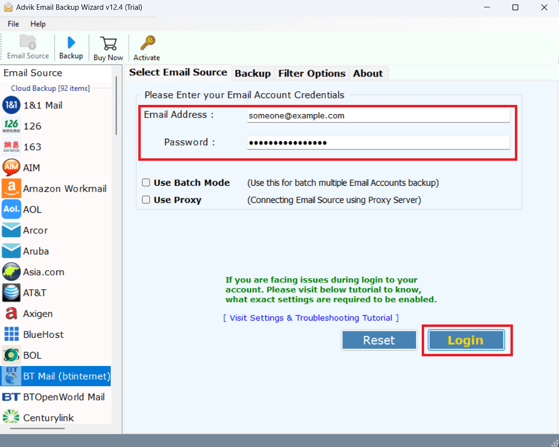 Enter BT Mail account login details