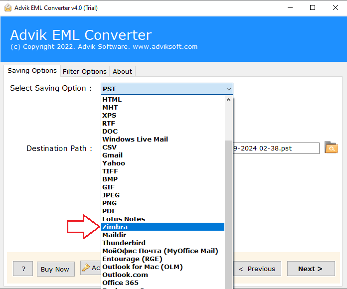 select zimbra from the list