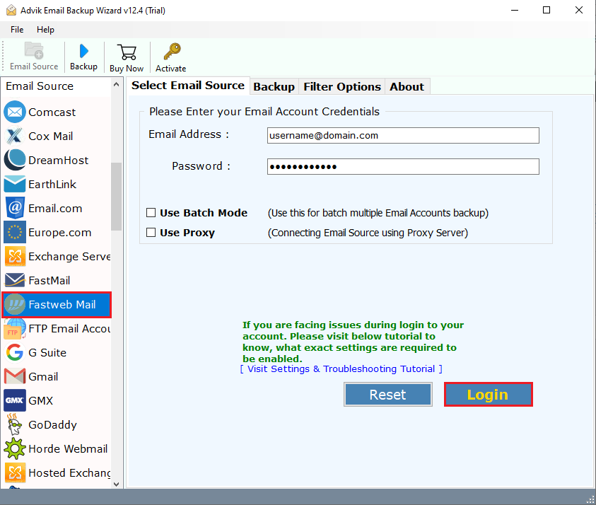 Enter FastWeb Masil account login details