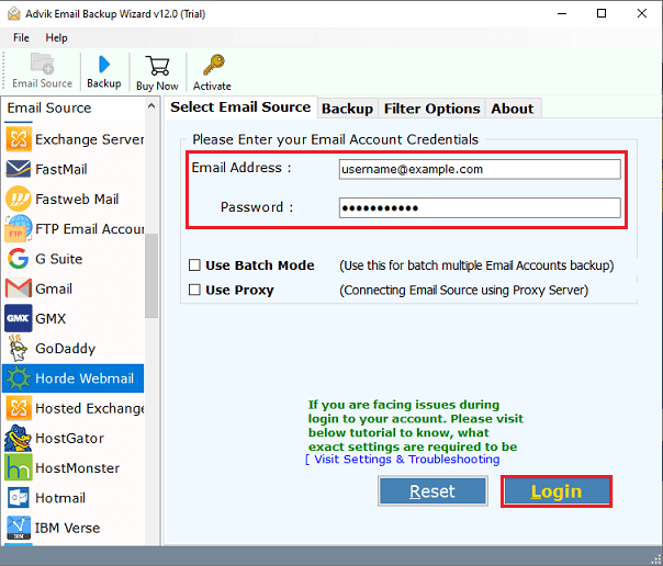 Enter Horde email account login details