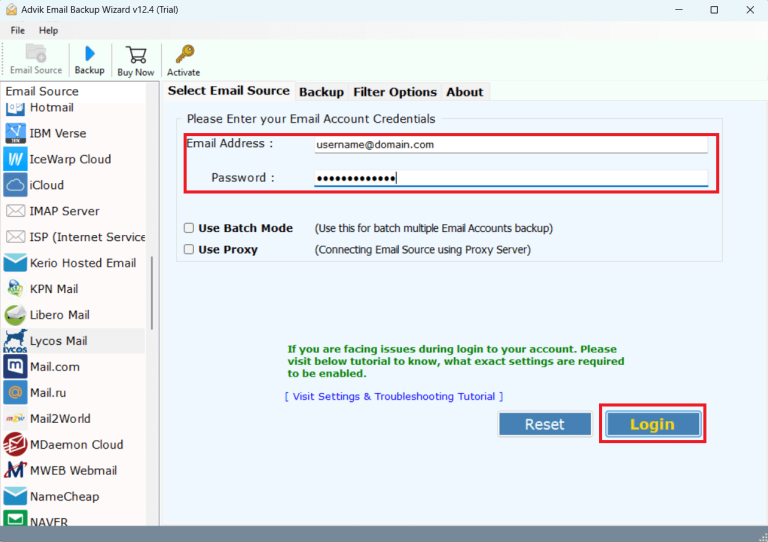 Enter Lycos Mail account credentials & login