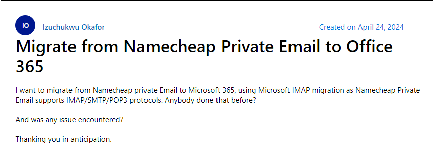 migrate namecheap email to office 365 query