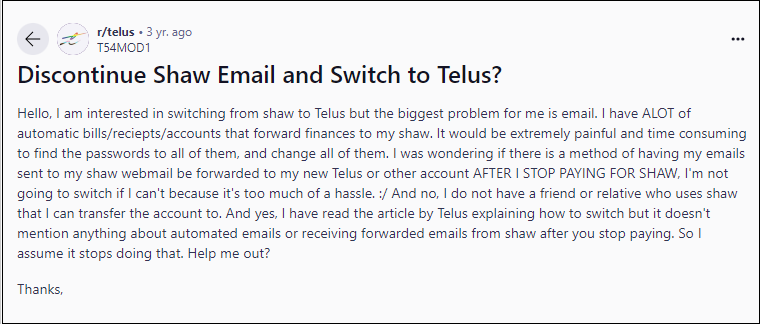 transfer shaw email to telus mail query