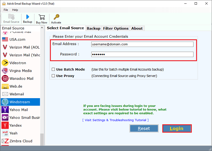 Enter Windstream account login details