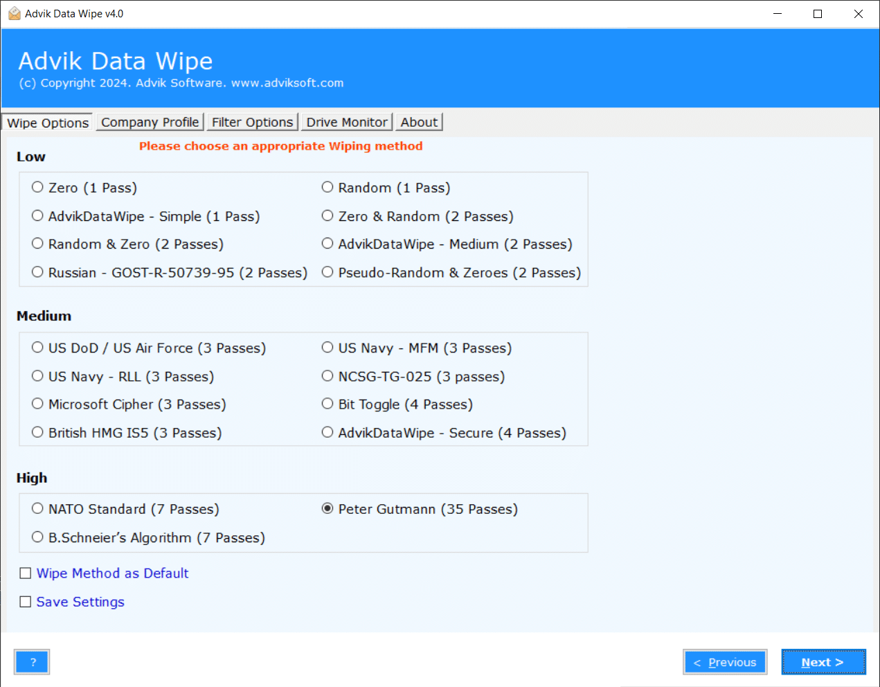 Choose the wiping method to erase data