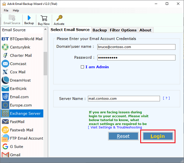 Enter Exchange Server login credentials