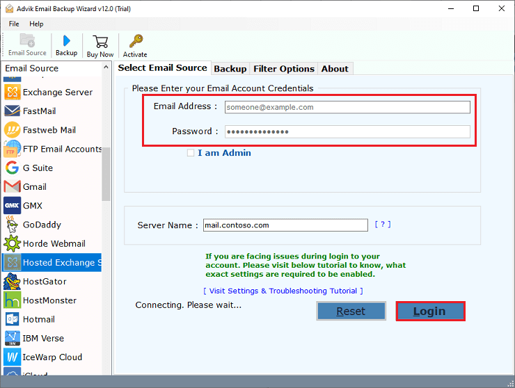 Enter your Exchange account login credentials